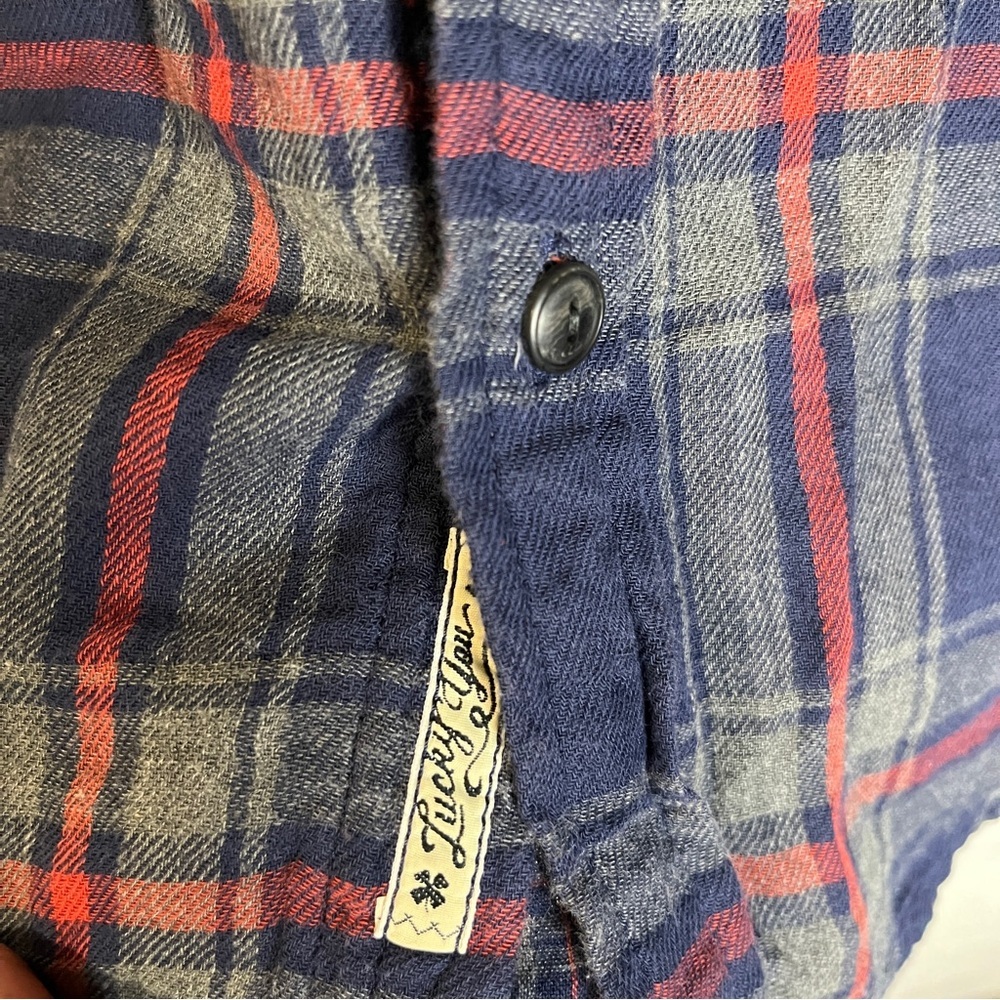 Lucky Brand Flannel Button Up Plaid Shirt Mens M Navy Red Cotton - Picture 4 of 16
